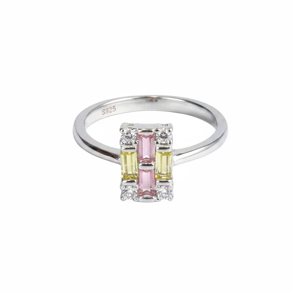 Silver Yellow & Pink Cluster Halo Ring For Her