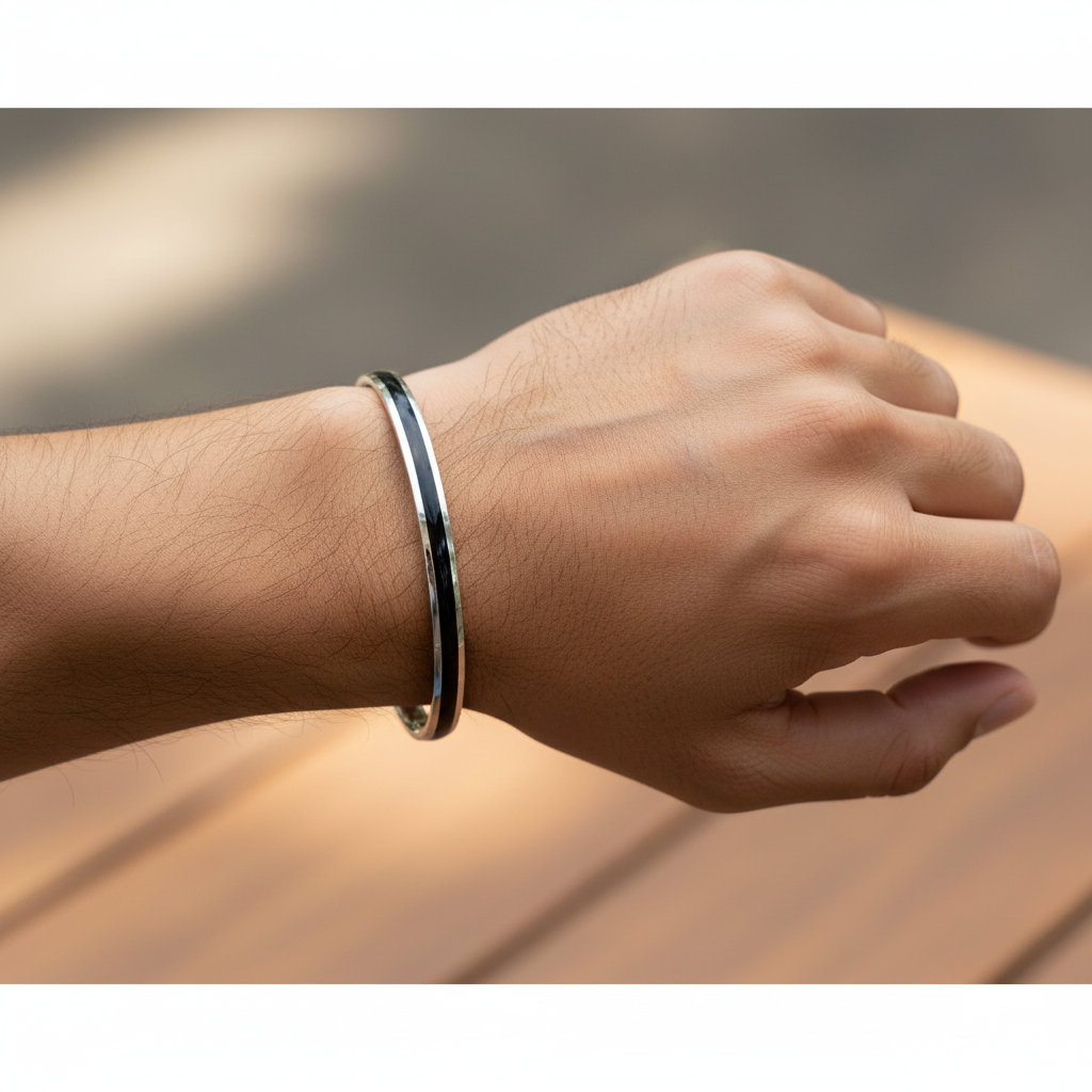 Silver Monochrome Edge black strip Mens Bracelet ( kada ) for him