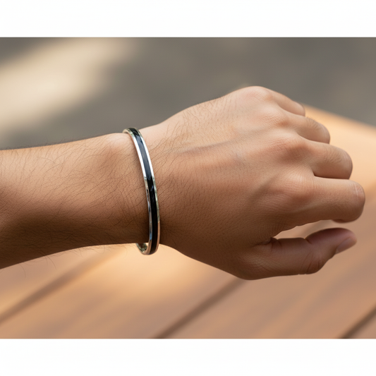 Silver Monochrome Edge black strip Mens Bracelet ( kada ) for him