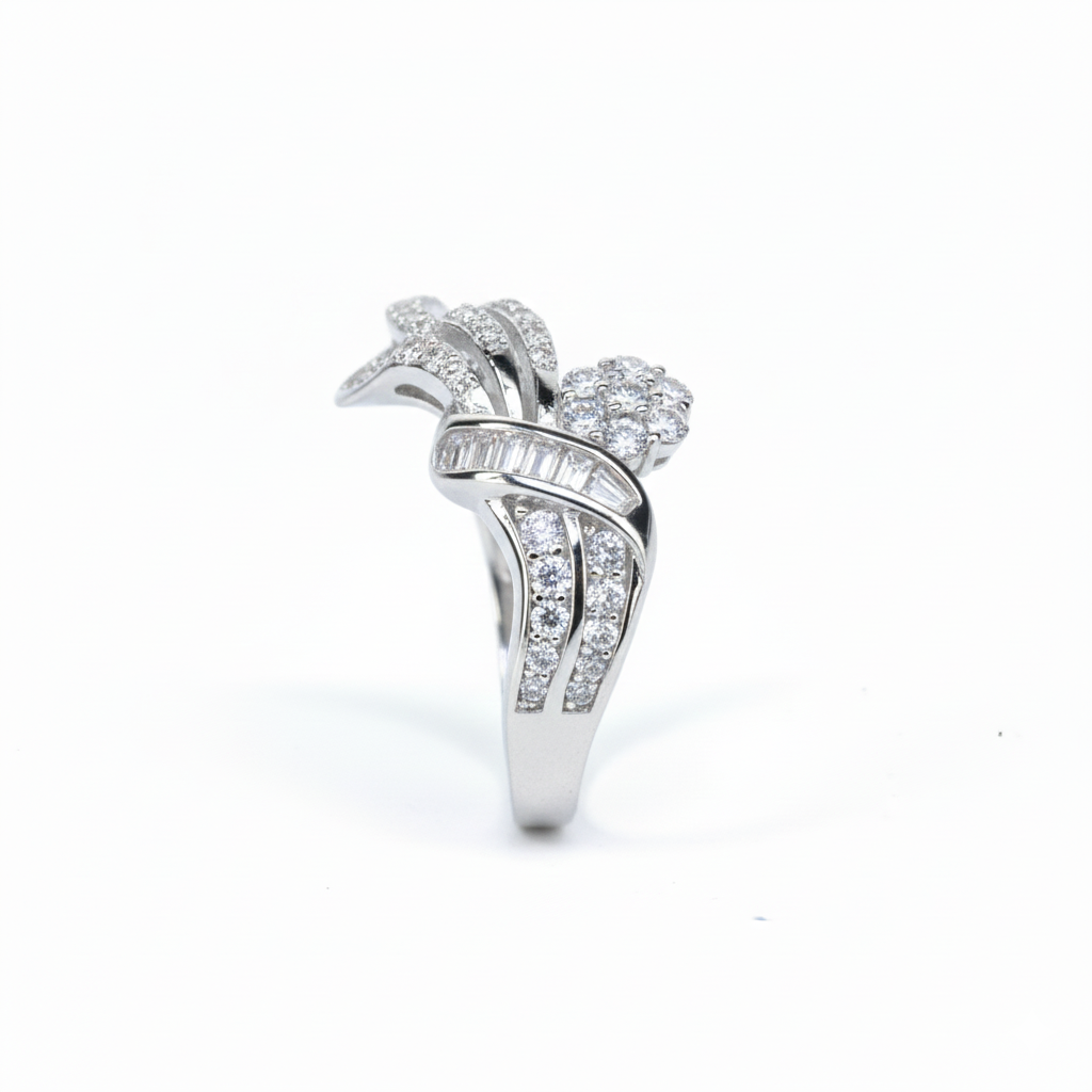 Silver Designer Diamond Cocktail Ring with Floral & Baguette Accents