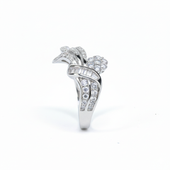 Silver Designer Diamond Cocktail Ring with Floral & Baguette Accents