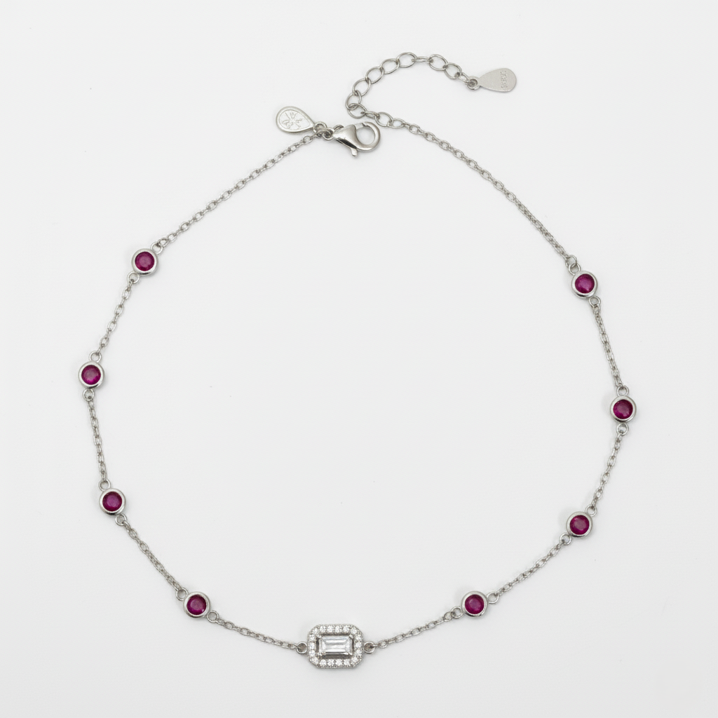 Silver Ruby Red anklet For her