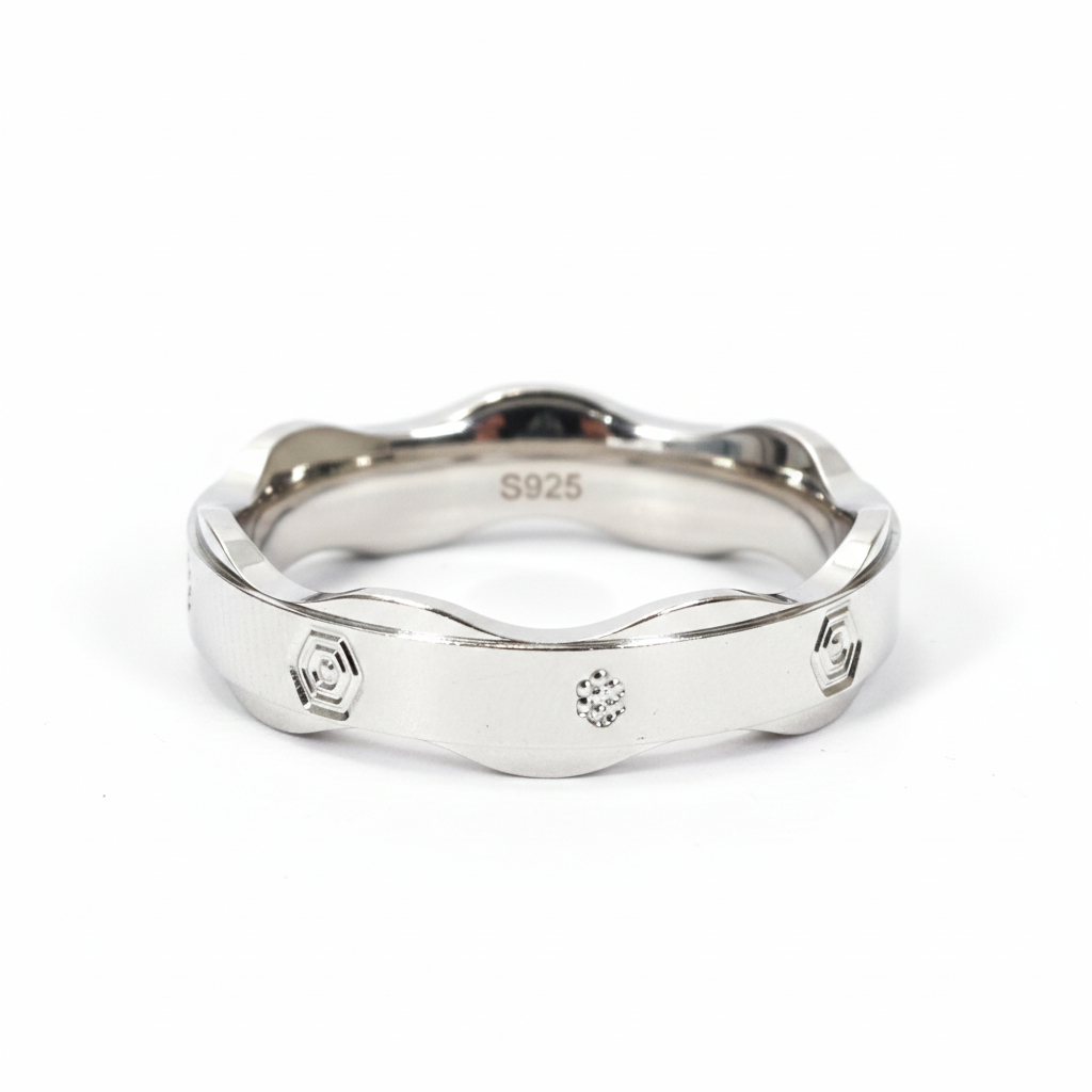 Sterling Silver Wavy Hexagon Motif Band Ring For Him
