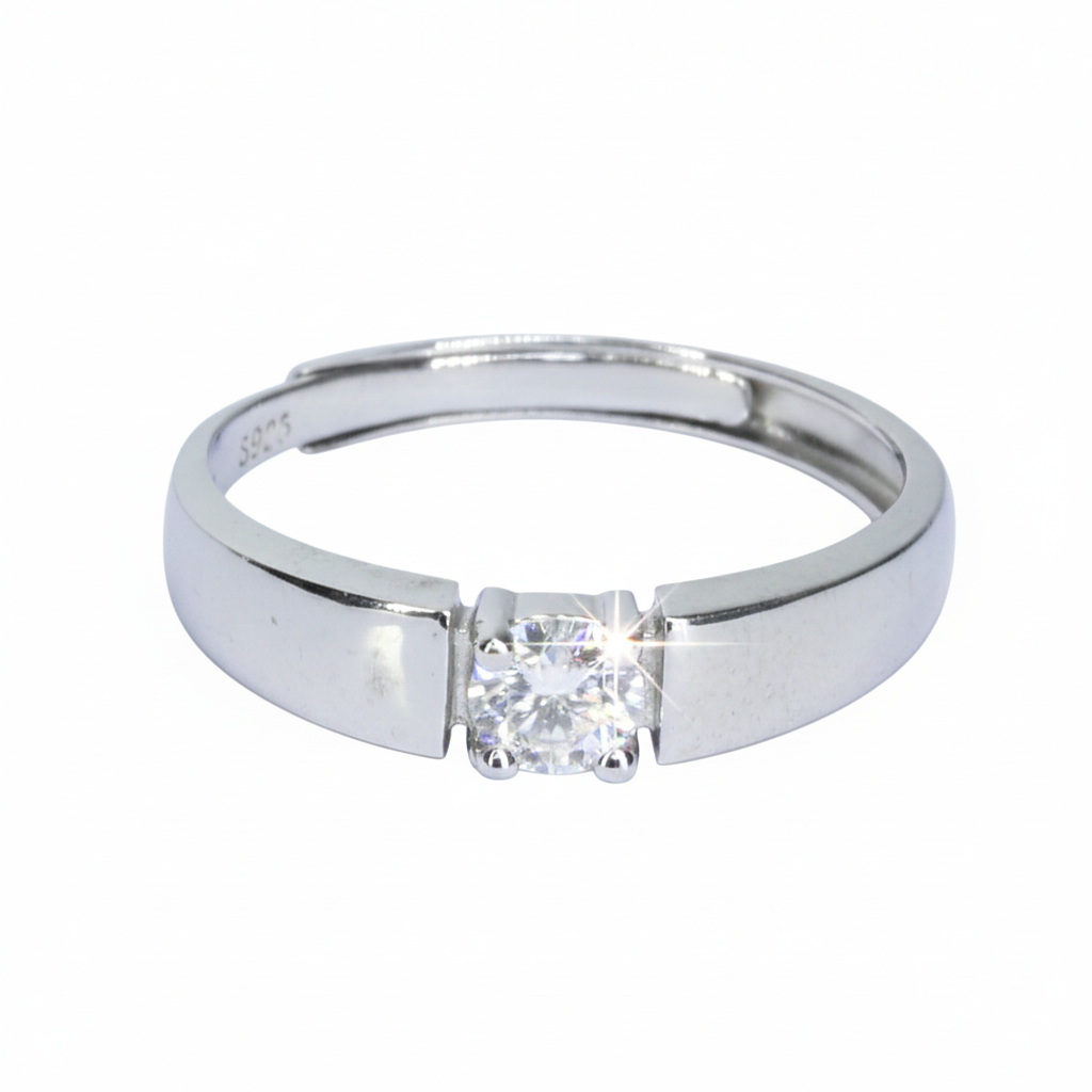 Silver Contemporary Sleek Solitaire(AD) Adjustable Ring for her
