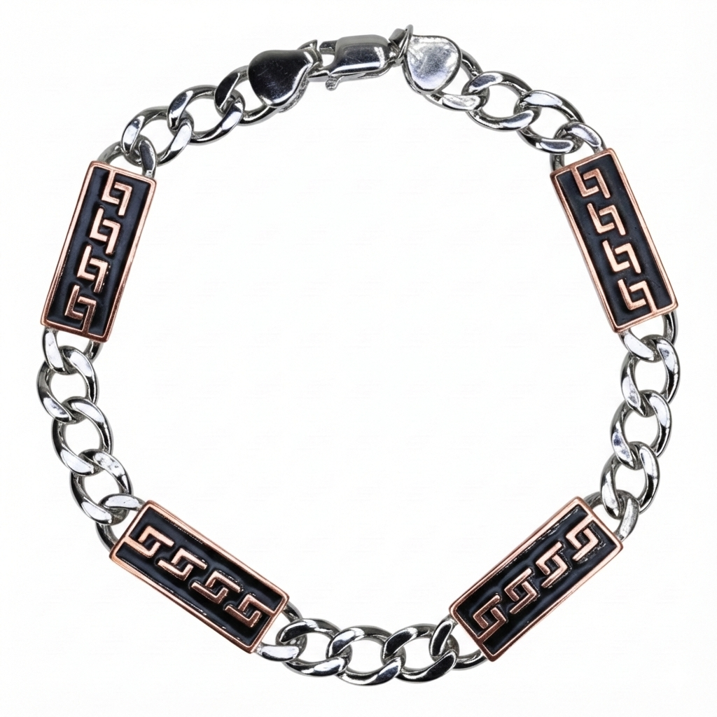 Silver Greek design black and rose gold Mens bracelet