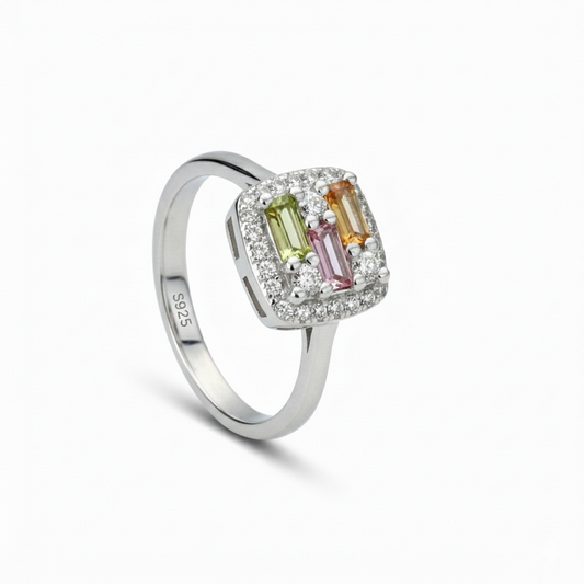 Silver Multi Colour Baguette Ring For Her