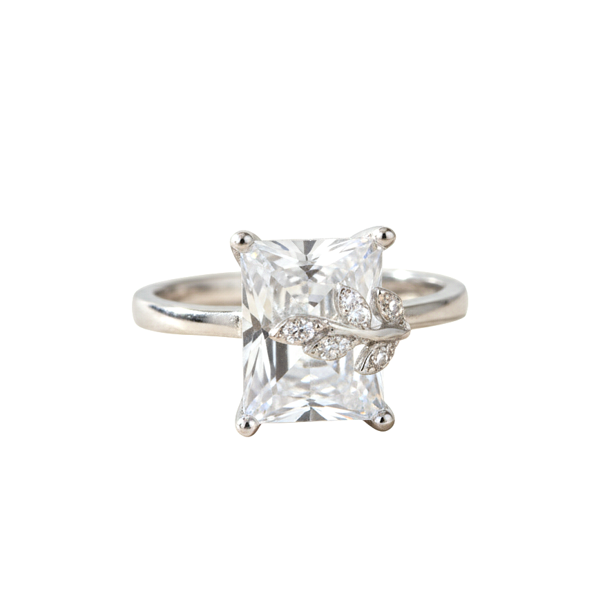 Silver Enchanted Leaf Emerald Cut Ring For Her