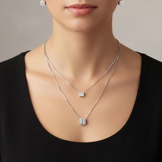 Silver Geometric Halo Pendant set