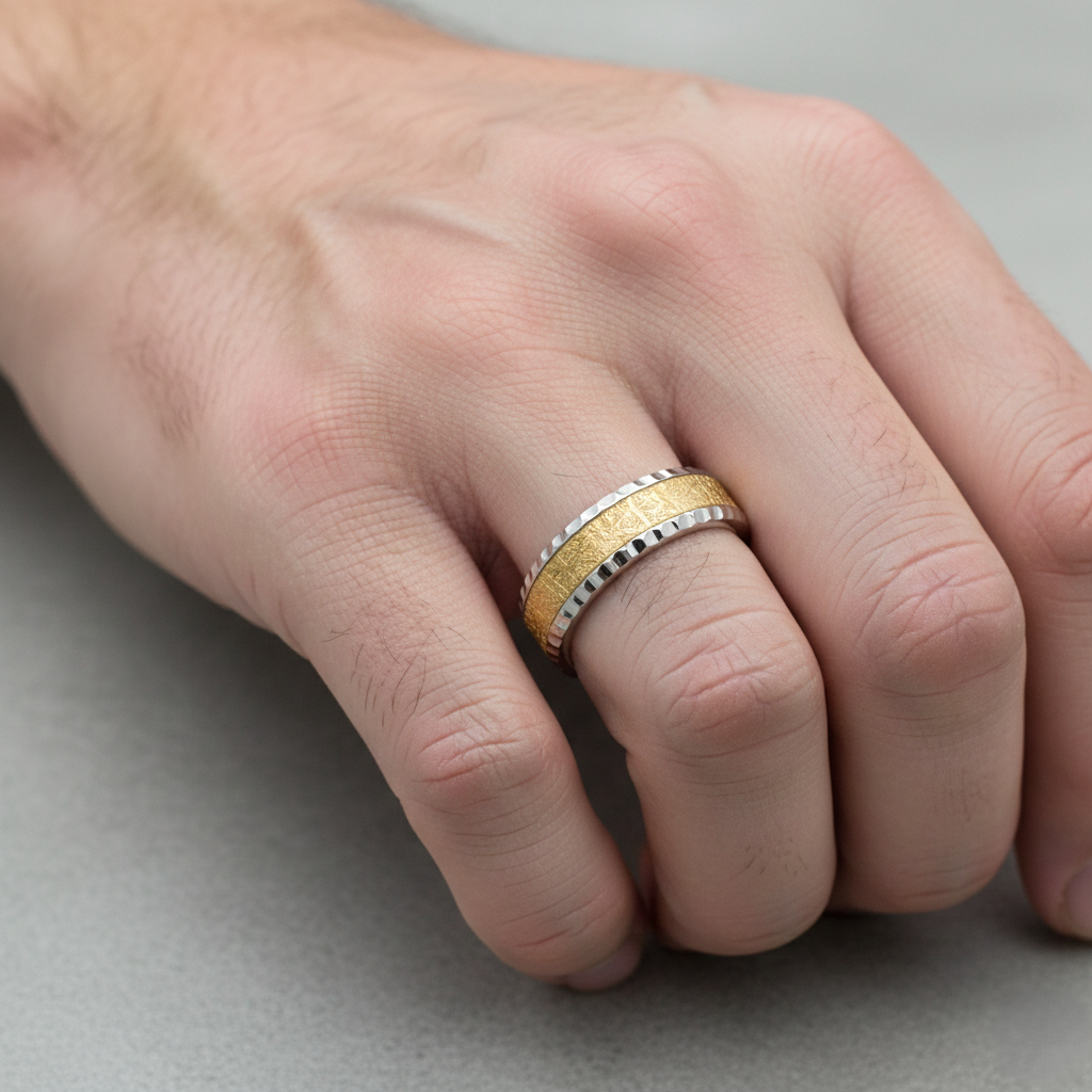 Silver Meteorite Golden Texture Band For Him