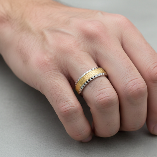 Silver Meteorite Golden Texture Band For Him