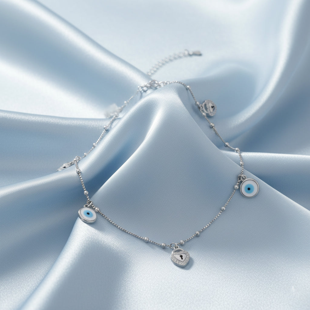 925 Silver Heart Padlock and Evil Eye Charm Anklet