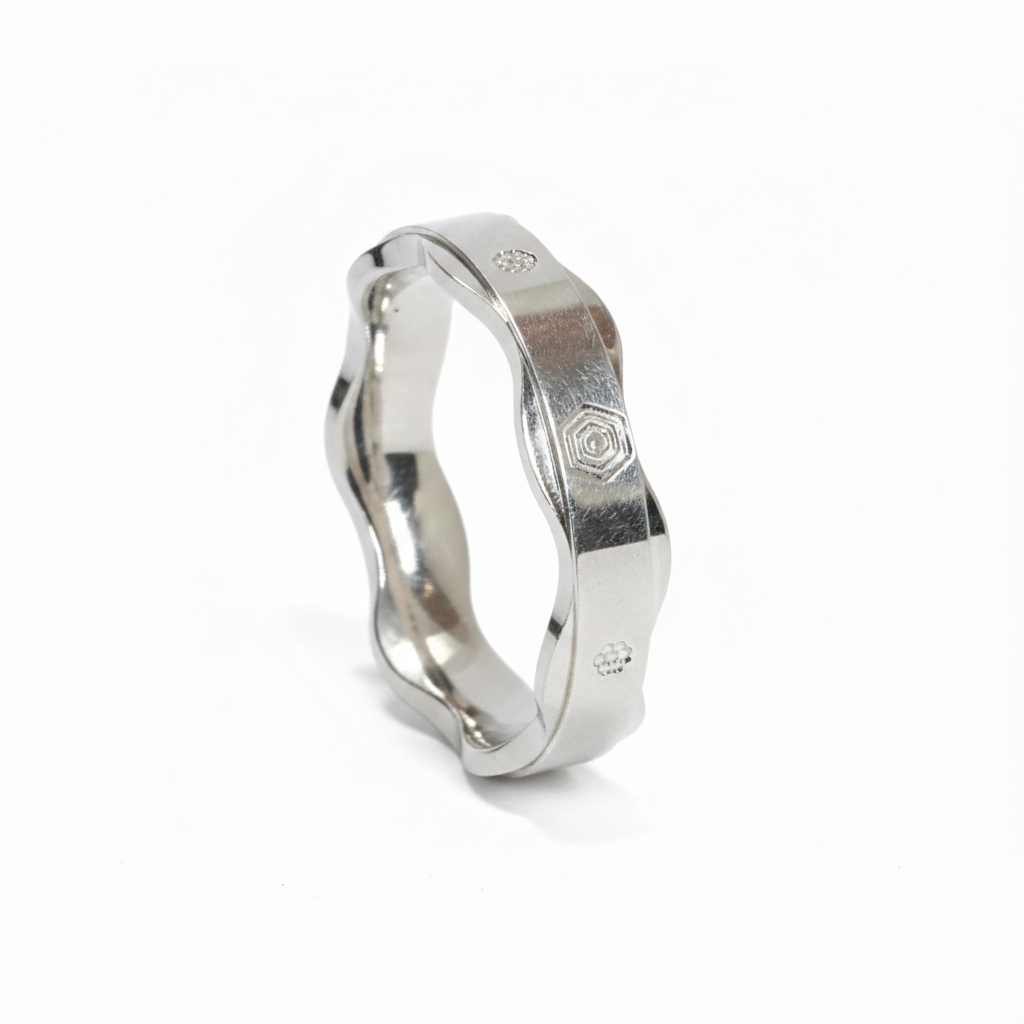 Sterling Silver Wavy Hexagon Motif Band Ring For Him