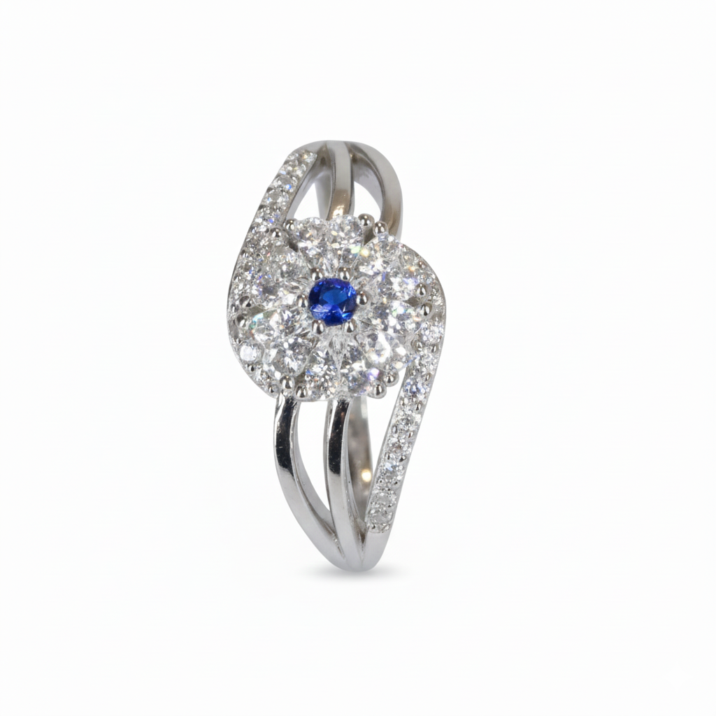 Silver Midnight Pansy Heart Cluster Ring