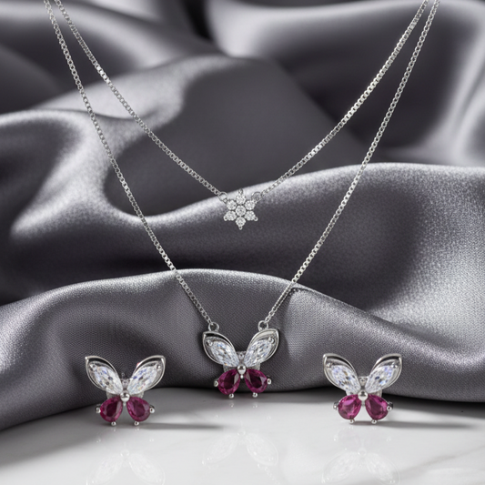 Silver Dainty Butterfly & Starburst Pendant Set