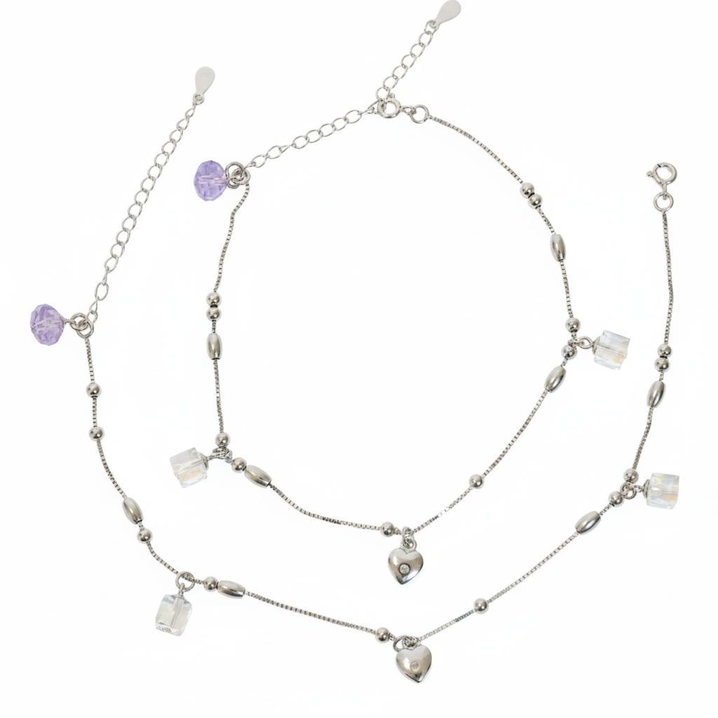 Silver Lilac crytal and heart Charm Anklet for her