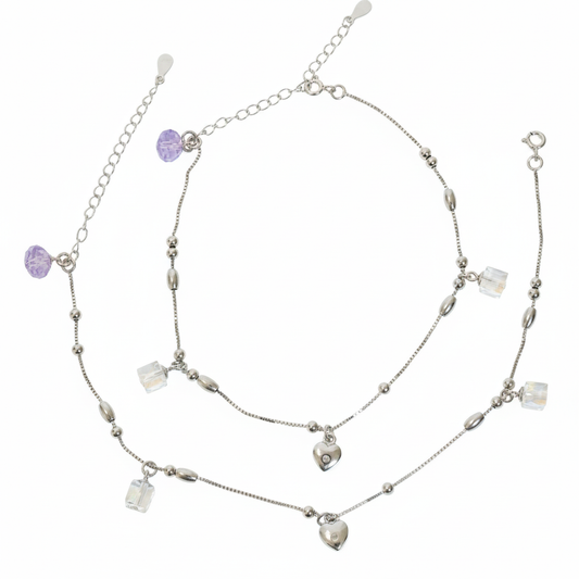 Silver Lilac crytal and heart Charm Anklet for her