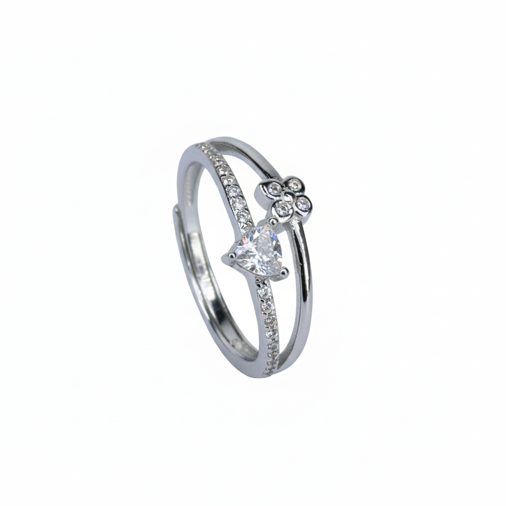 Silver Romantic Heart & Butterfly Diamond-Look Adjustable Dual-Band Ring