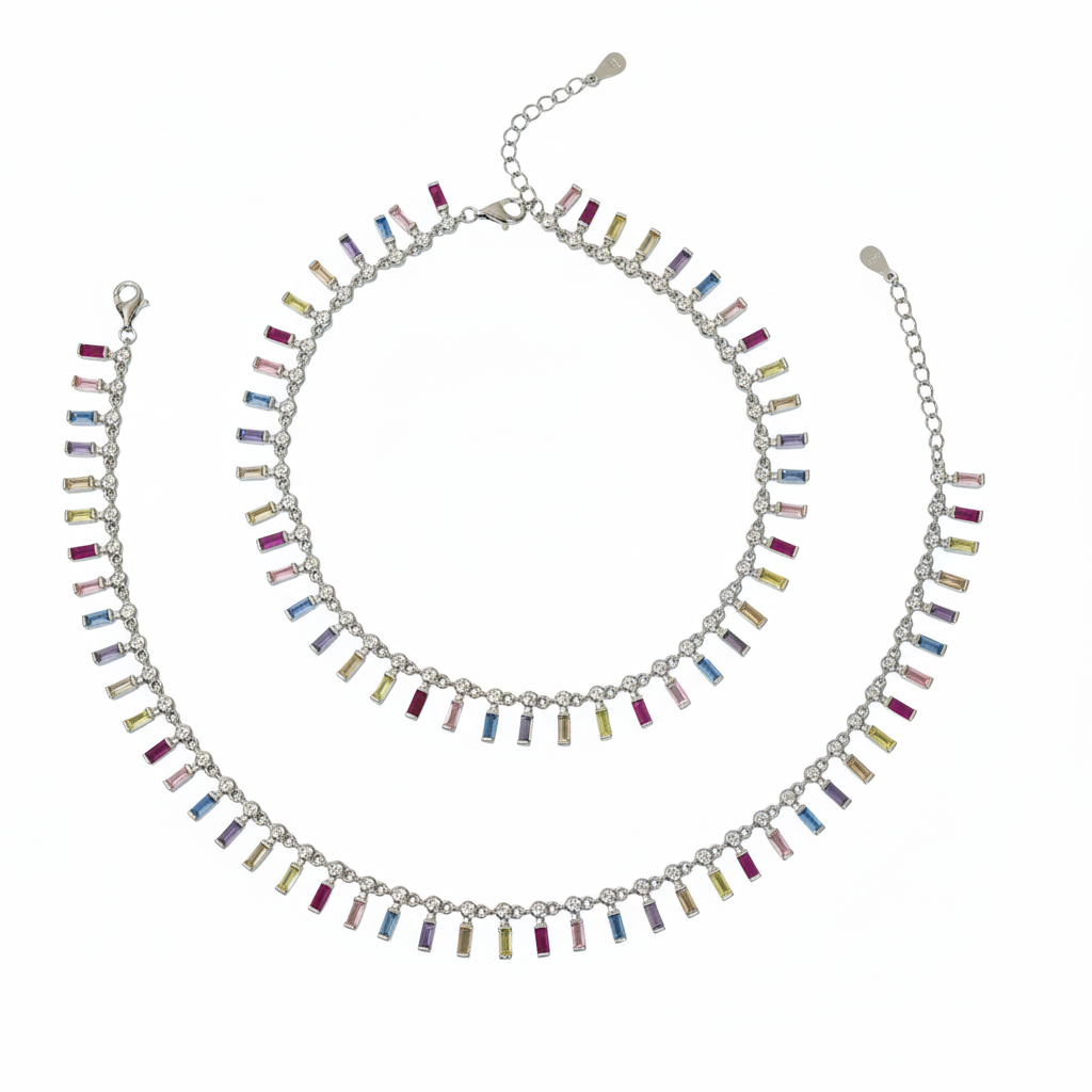 925 Silver Rainbow radiance Multi-Colored Baguette Anklet Set for her