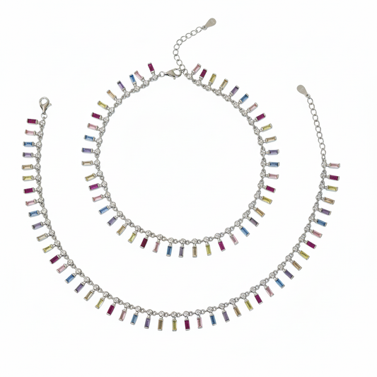 925 Silver Rainbow radiance Multi-Colored Baguette Anklet Set for her