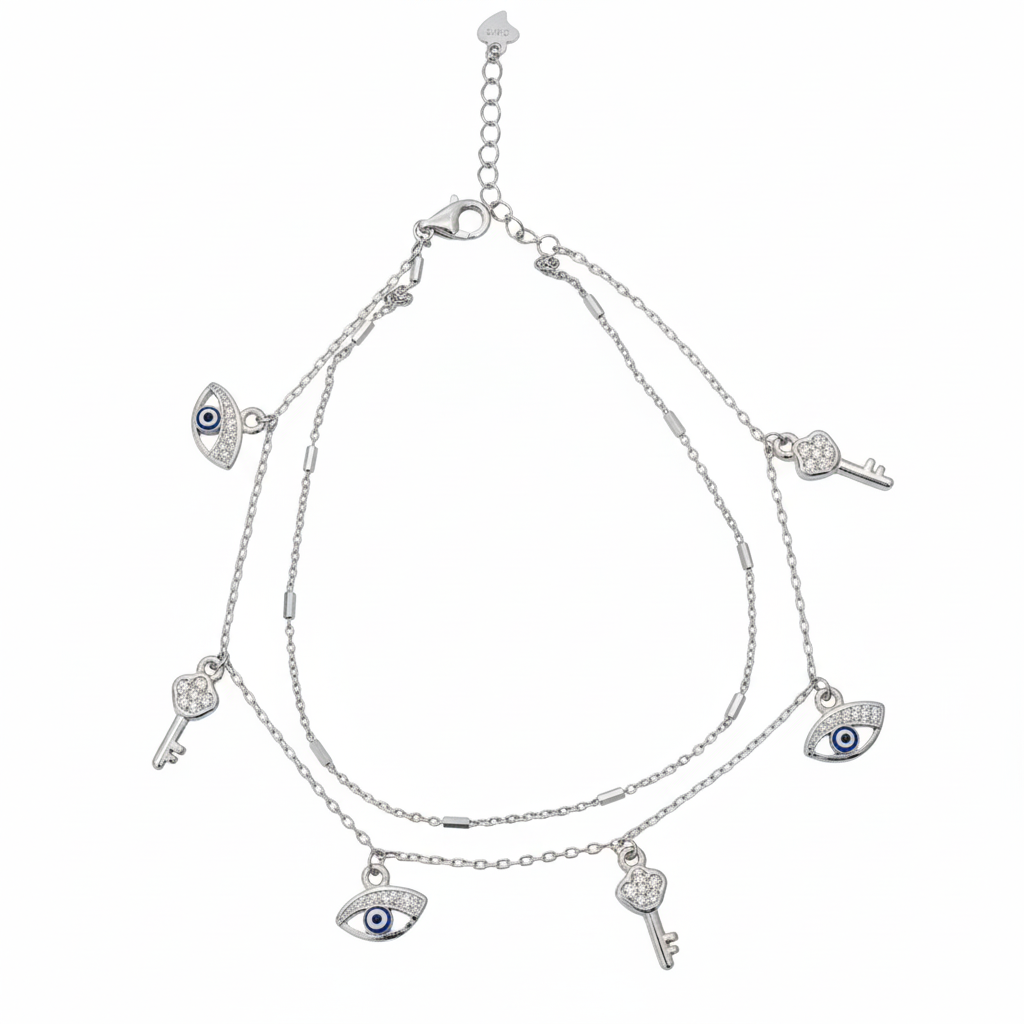 Silver Classic Parisian Key & Evil Eye Double layered Anklet