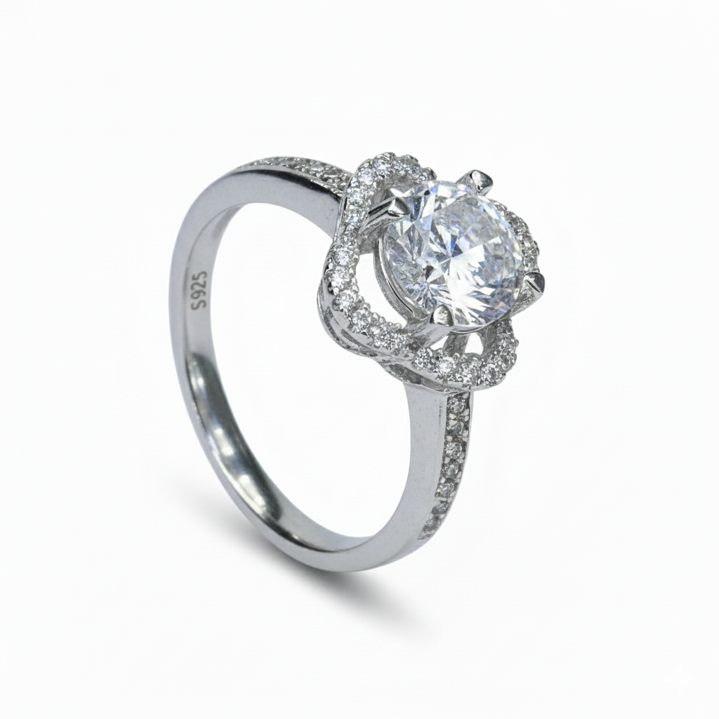 Silver Clover Halo Solitaire Engagement Ring