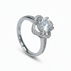Silver Clover Halo Solitaire Engagement Ring