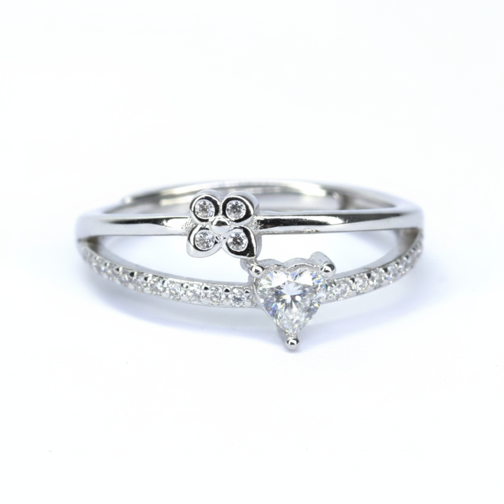 Silver Romantic Heart & Butterfly Diamond-Look Adjustable Dual-Band Ring