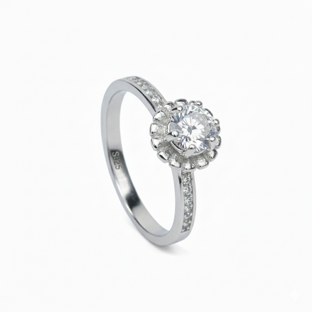 Silver Solitaire Crown Ring