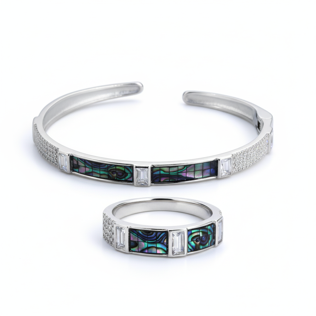 Silver Dazzling Abalone Shell Bracelet Set