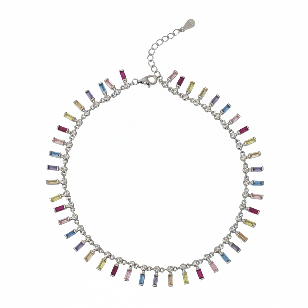 925 Silver Rainbow radiance Multi-Colored Baguette Anklet Set for her