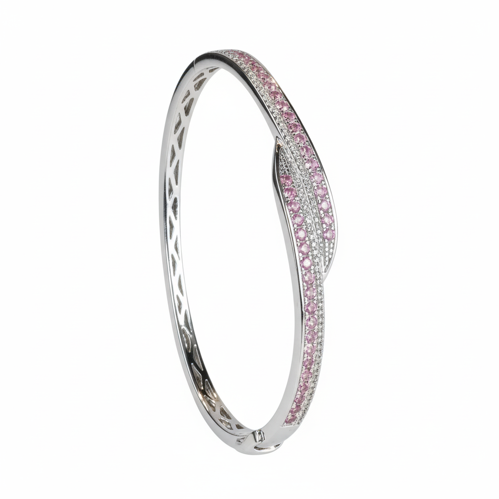 Silver Pave Ribbon Pink Bracelet For Her