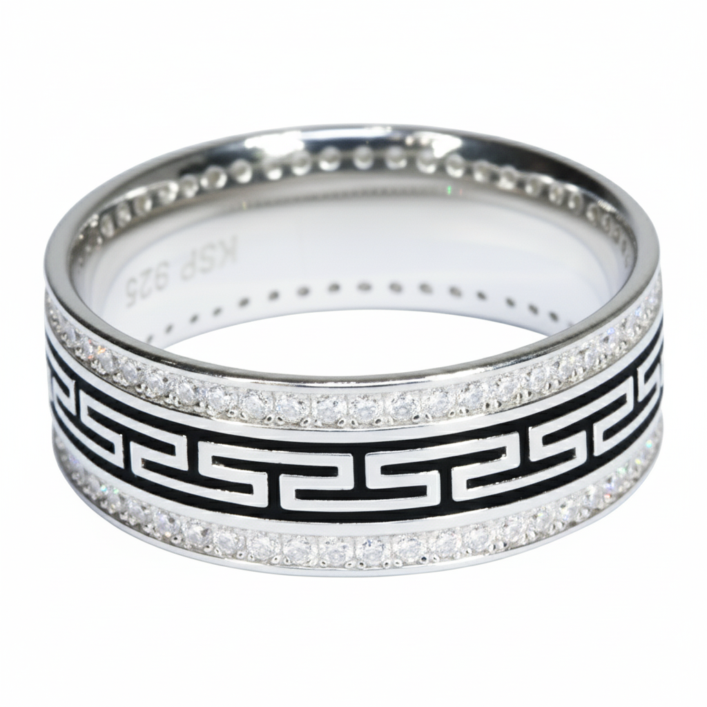 Sterling Silver Greek Key Meander Band Ring for him