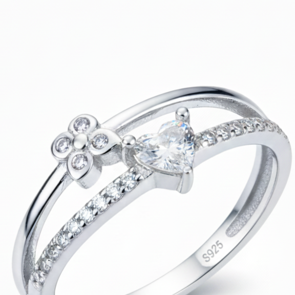 Silver Romantic Heart & Butterfly Diamond-Look Adjustable Dual-Band Ring