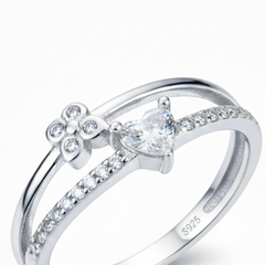 Silver Romantic Heart & Butterfly Diamond-Look Adjustable Dual-Band Ring