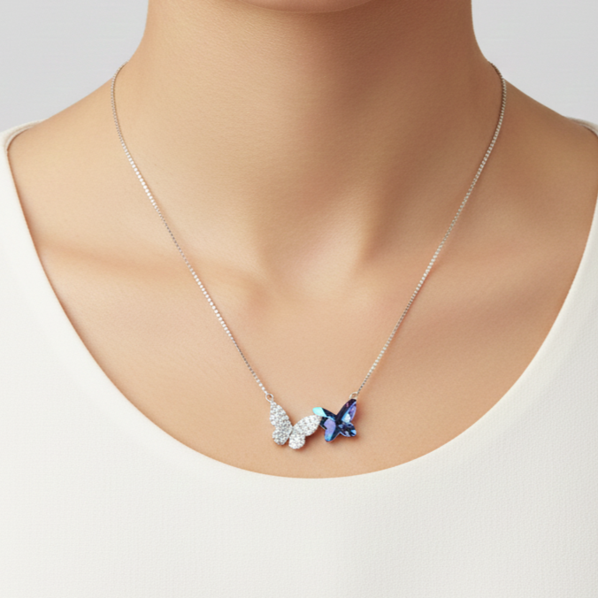 Silver Sparkling Dual Butterfly Pendant