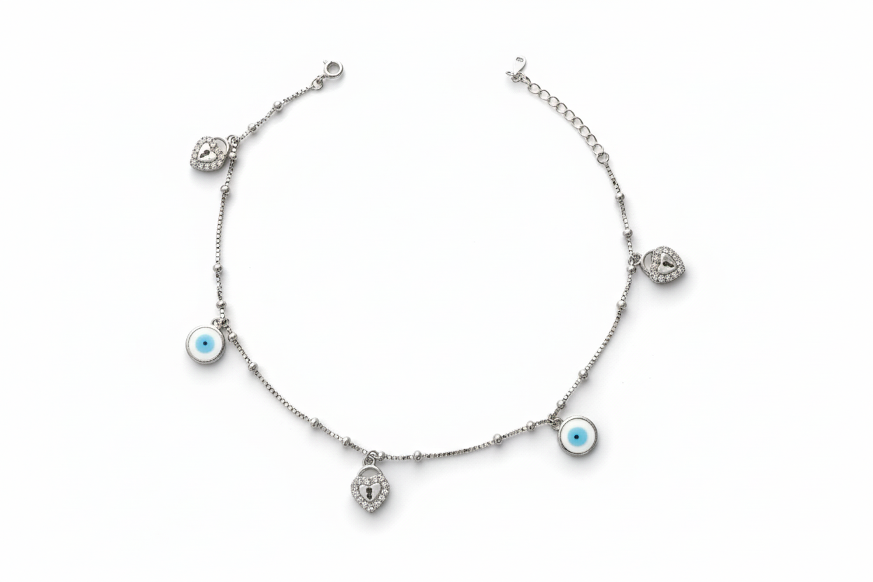 925 Silver Heart Padlock and Evil Eye Charm Anklet