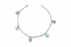 925 Silver Heart Padlock and Evil Eye Charm Anklet