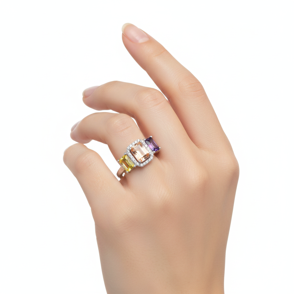 Silver Golden Dahlia Trio Ring For Her