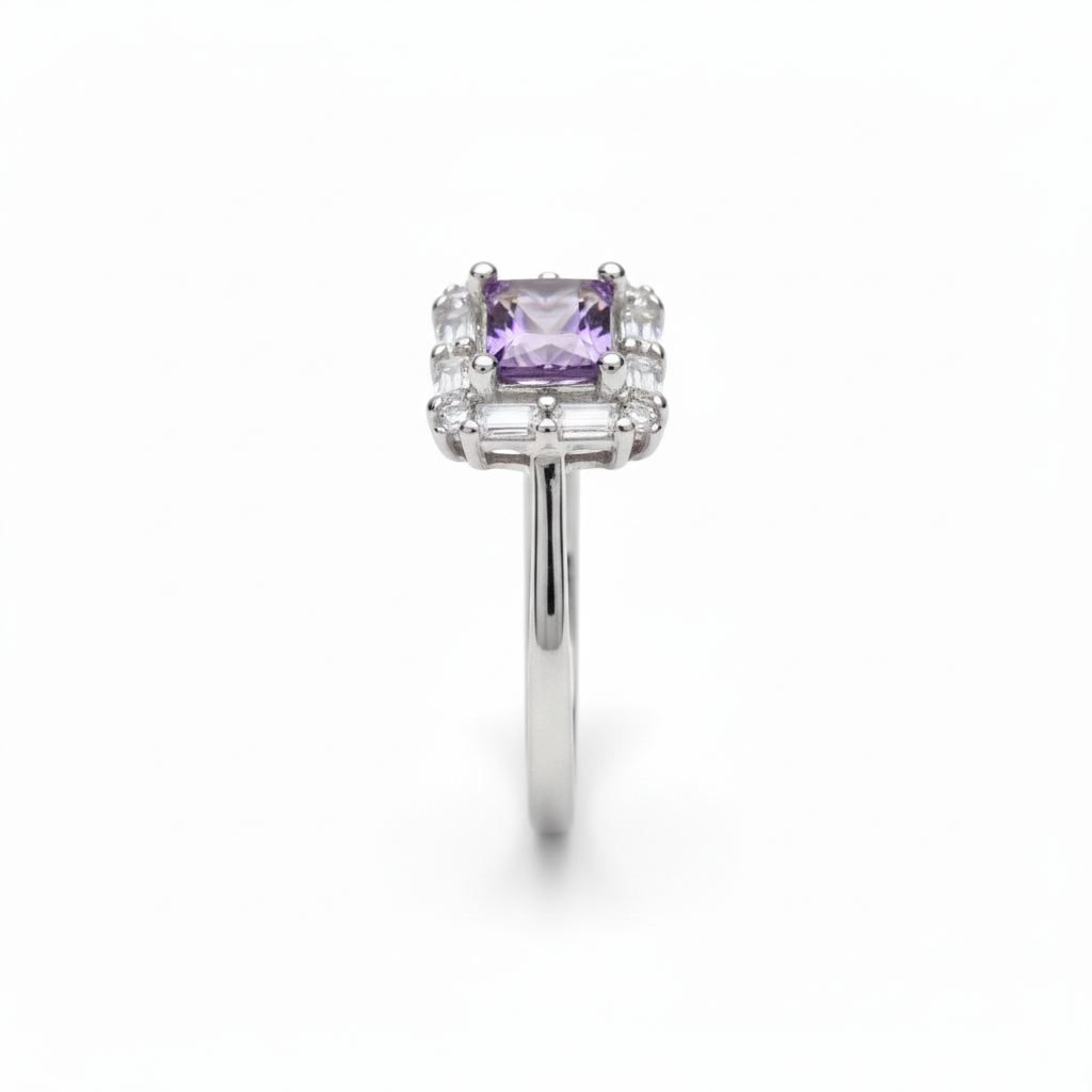 Silver Radiant Halo Purple Baguette ring for her