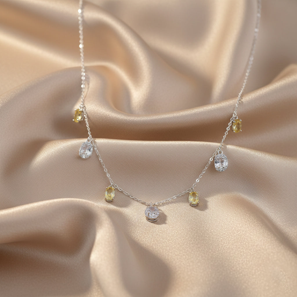 Silver Oval yellow and White stone charms Necklace