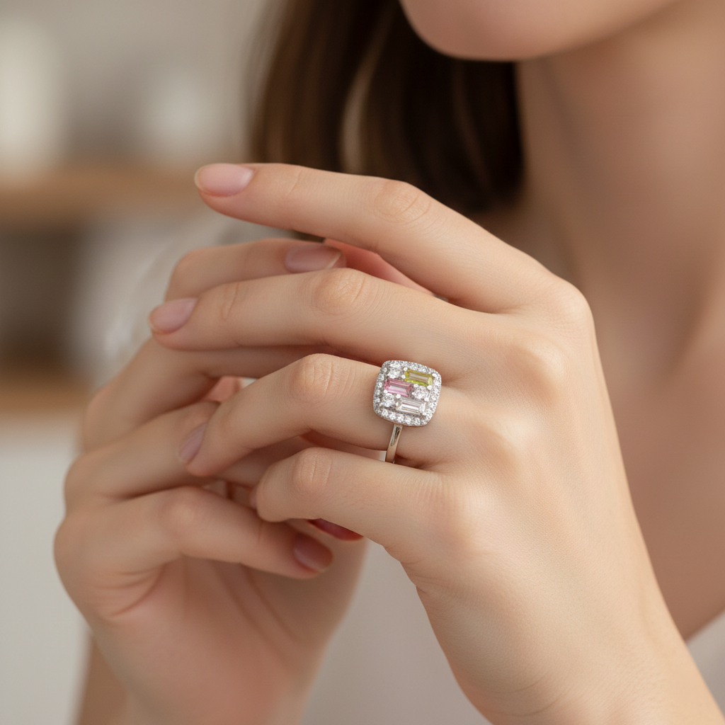 Silver Multi Colour Baguette Ring For Her