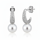 Silver Crescent shaped Pearl drop earrings in Bali pattern