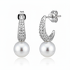 Silver Crescent shaped Pearl drop earrings in Bali pattern