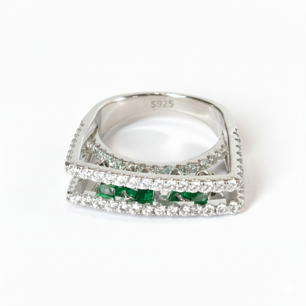 Silver Emerald Inspired Hanging Tassel Ring For Her