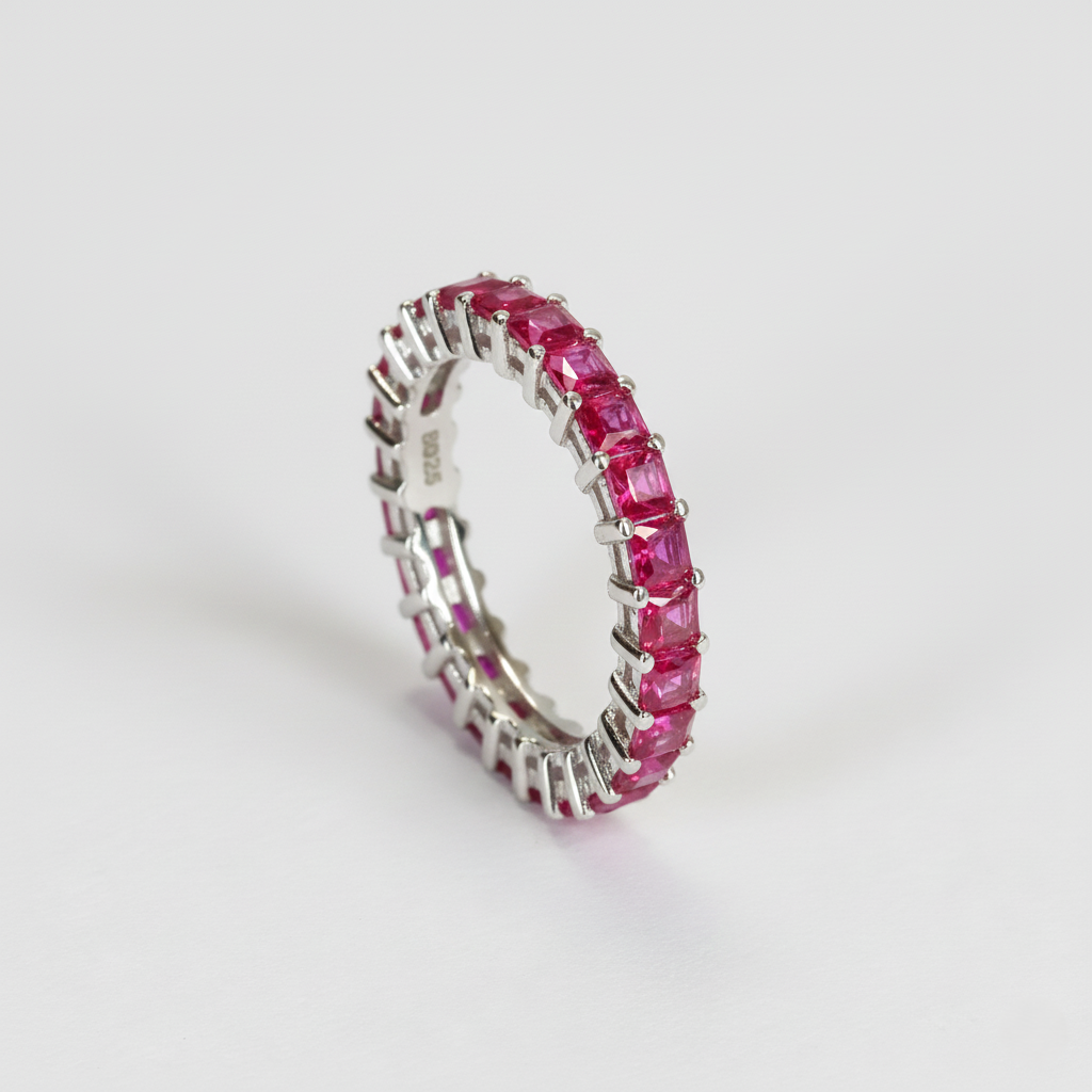 Silver Red Crimson & Crystal Eternity Band For Her