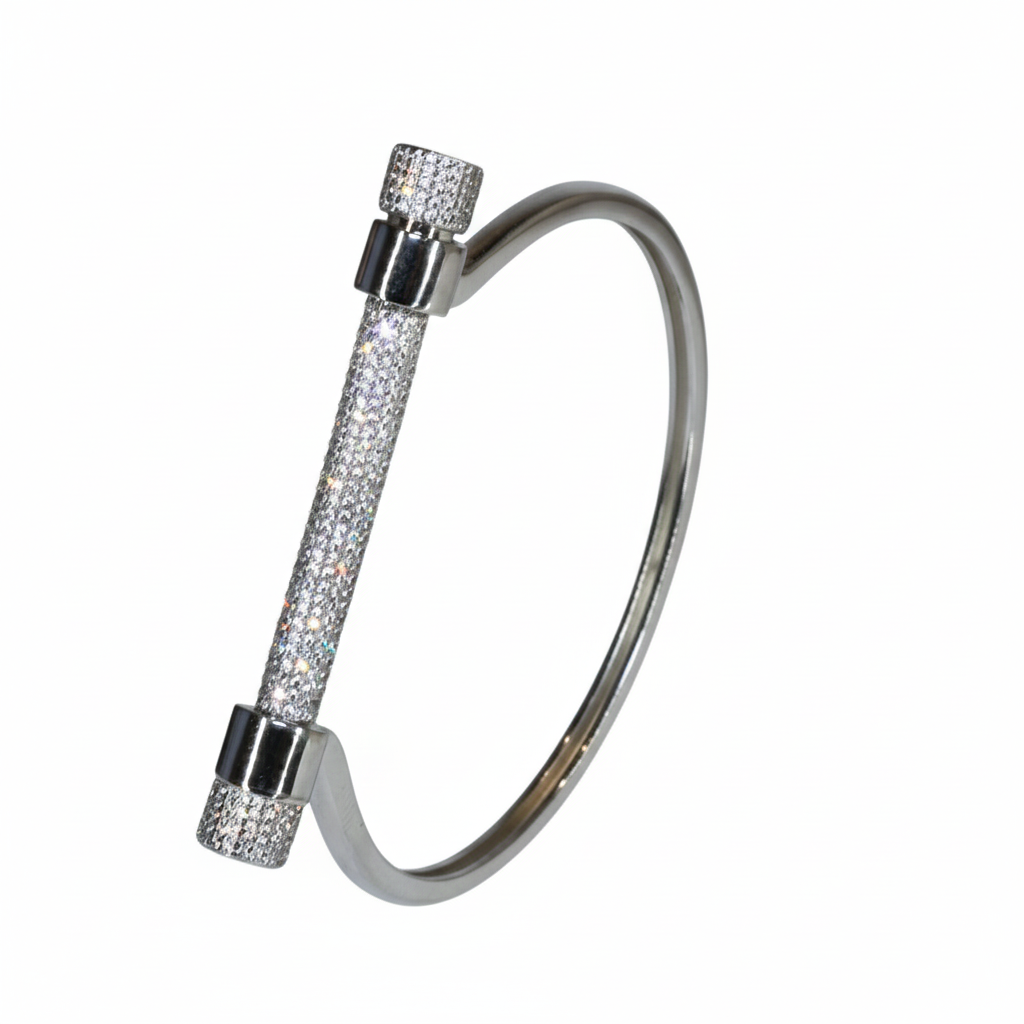 Silver Pave Screw Bar Bangle Bracelet