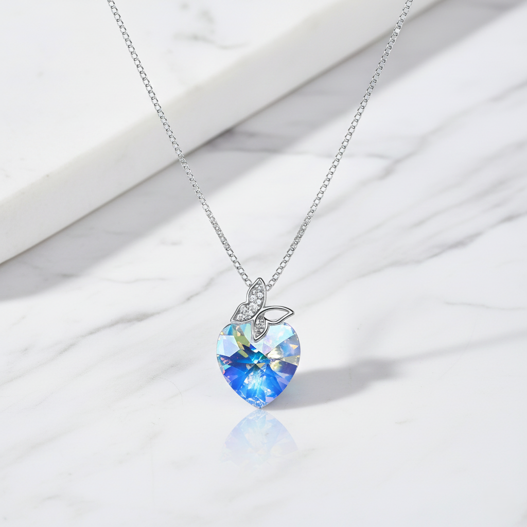 Silver Butterfly Bail Heart Crystal Pendant