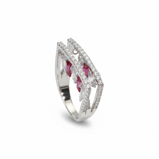 Silver Daisy Pink Double Band Ring For Her