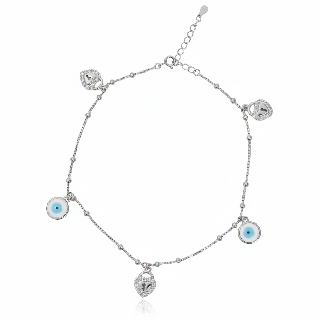 925 Silver Heart Padlock and Evil Eye Charm Anklet