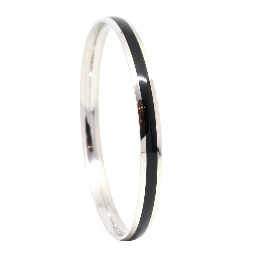 Silver Monochrome Edge black strip Mens Bracelet ( kada ) for him